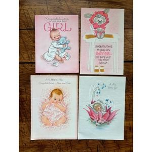 Lot of 4 'It's A Girl' Greeting Cards, Vintage Greeting Cards